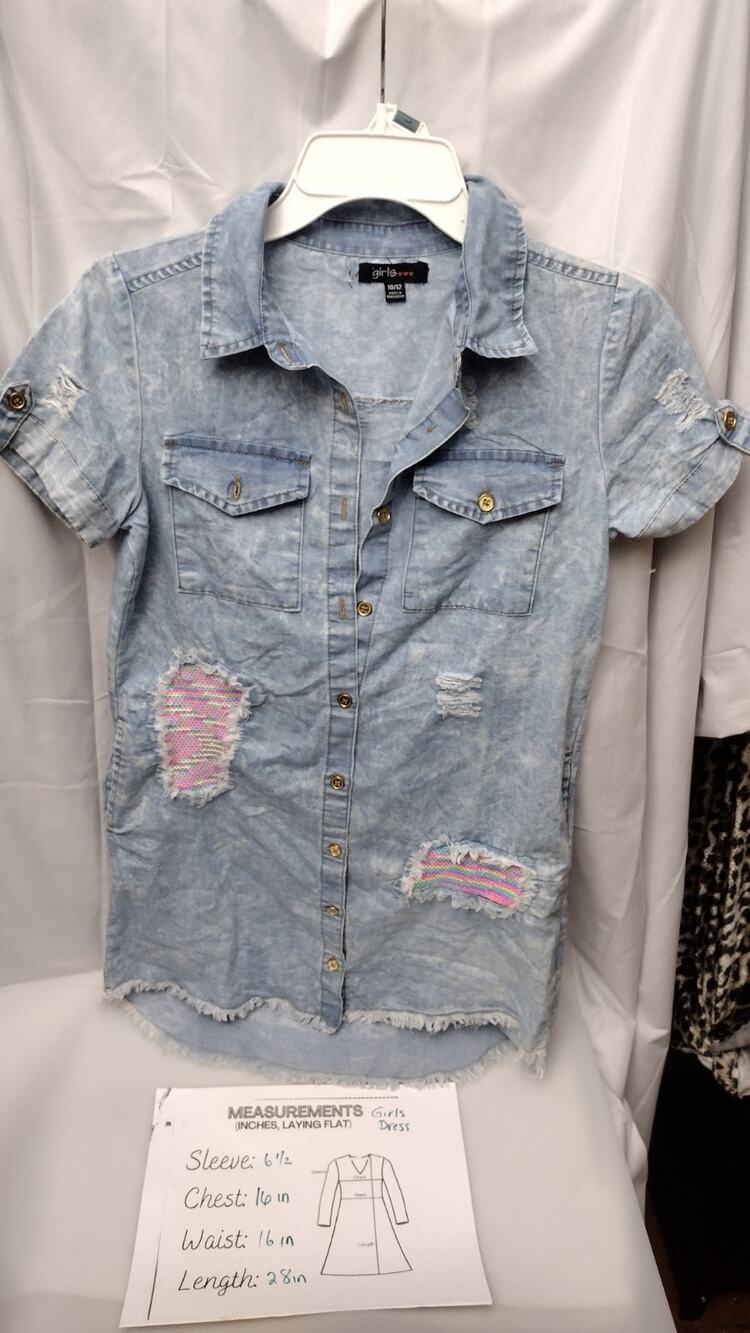 Girls Size 10/12 Denim Dress Hi-Low Blue Sequin Pockets